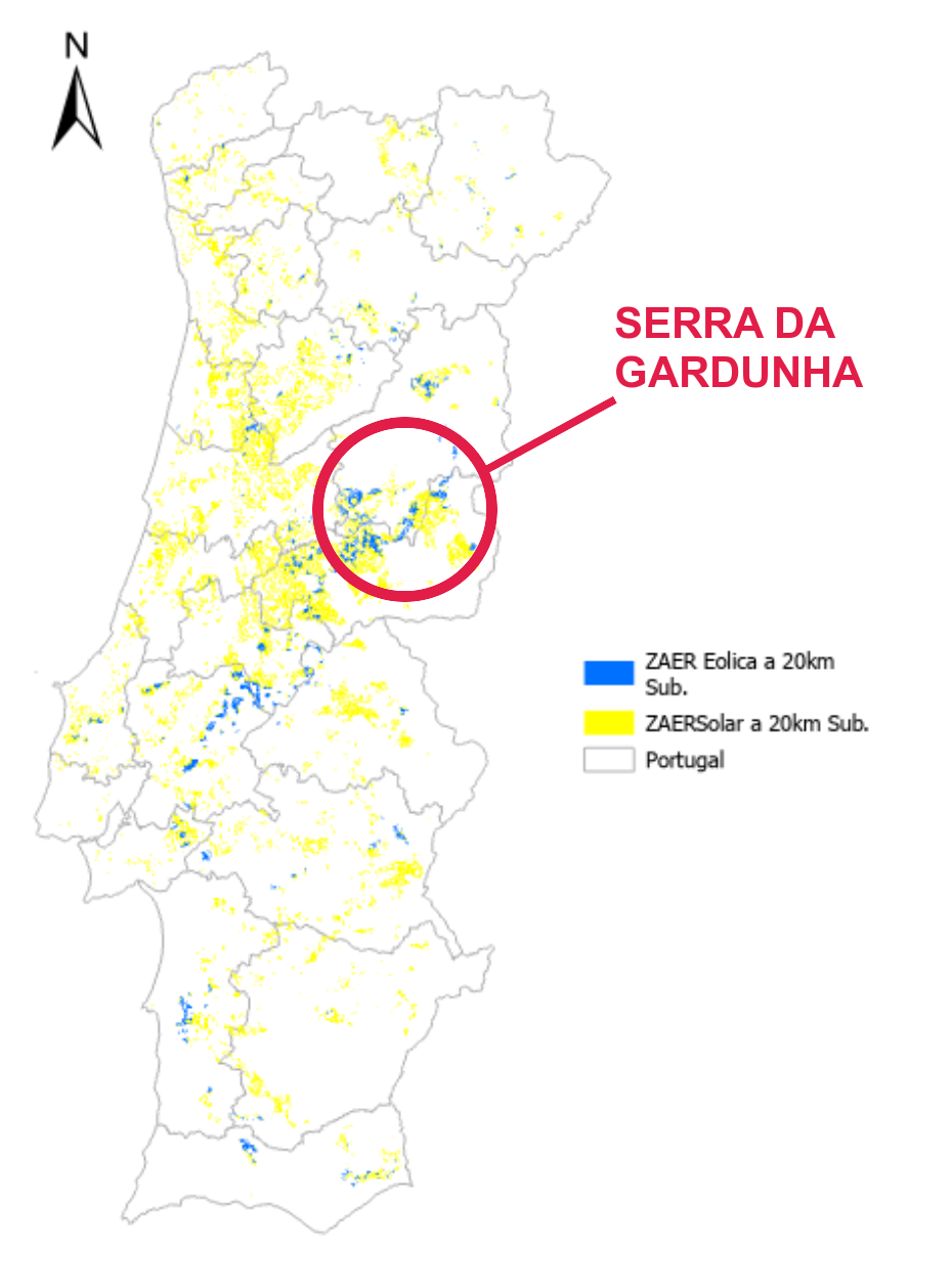 Mapa oficial das zonas de aceleração de energias renováveis (ZAER) em Portugal.
