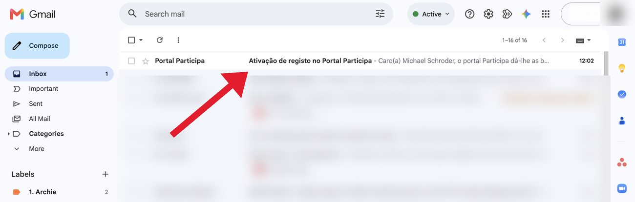 Email “Ativação de registo no Portal Participa” na caixa de entrada